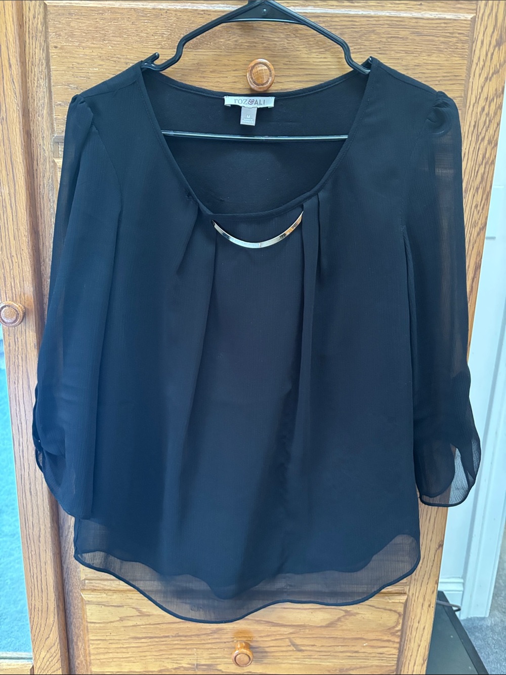 Roz & Ali Black Sheer Blouse with Gold Accent
